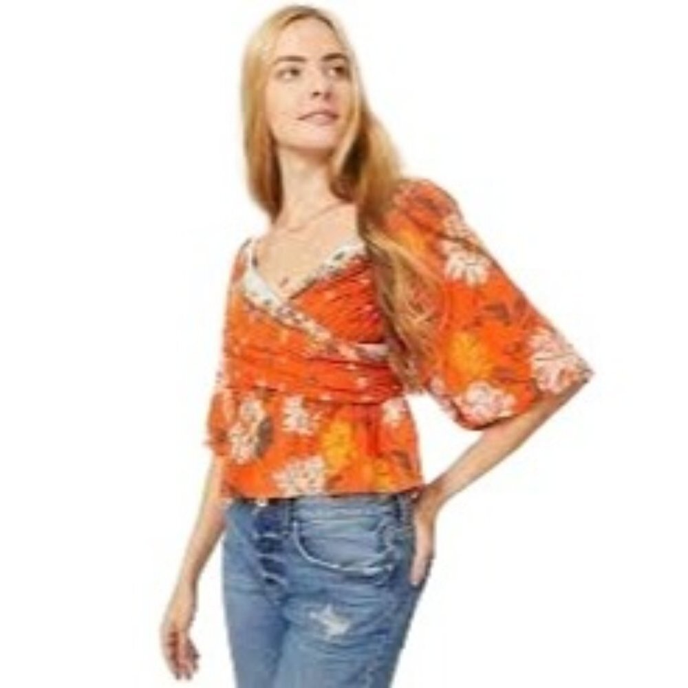 Free People Mirabella Orange Floral Puff Sleeve Peplum Blouse